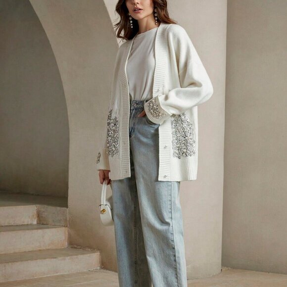 White Casual Women's Sequin & Faux Pearl Embellished Sweater Cardigan - Picture 6 of 6